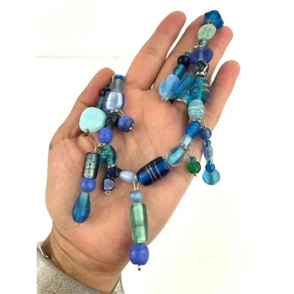 Frosted Blue Glass Boho Style Beaded Necklace 25" Shades Dangle Frosted Beads - Picture 4 of 10